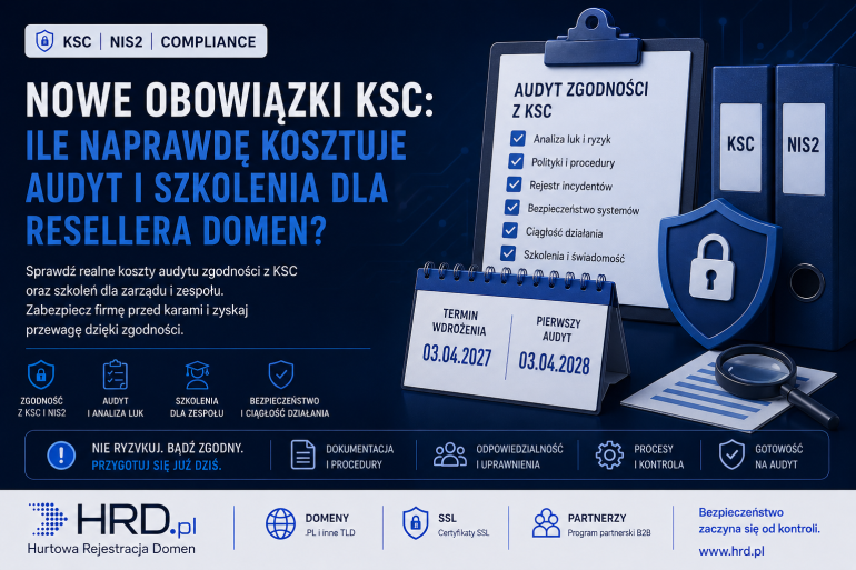 Infografika KSC i NIS2 przedstawiająca koszty audytu bezpieczeństwa oraz szkoleń dla resellerów domen internetowych