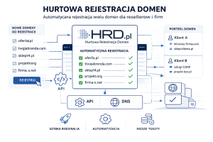 Infografika przedstawiająca proces hurtowej rejestracji domen. Po lewej stronie lista nowych domen oczekujących na rejestrację. W centrum panel HRD.pl z automatyczną rejestracją oraz modułami API i DNS. Po prawej stronie gotowy portfel domen przypisany do klientów. Całość utrzymana w stylistyce biznesowo-technicznej z wykorzystaniem kolorystyki HRD.