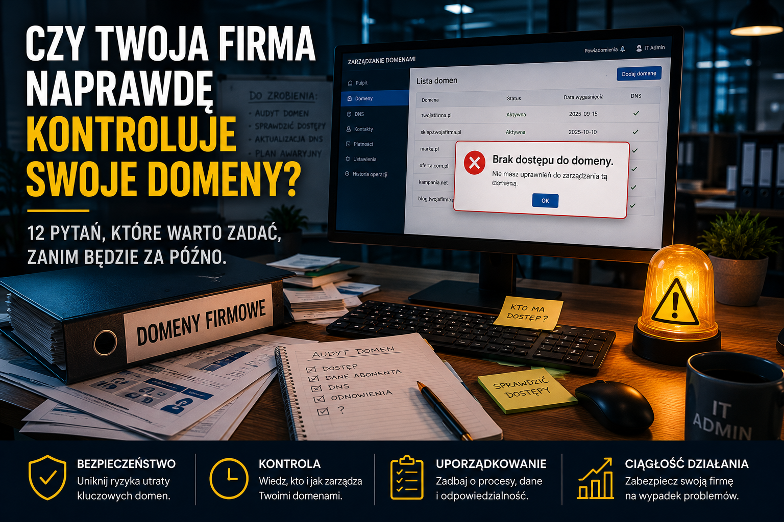 Stanowisko pracy administratora IT z panelem zarządzania domenami oraz komunikatem o braku dostępu do domeny, symbolizujące konieczność audytu domen firmowych.