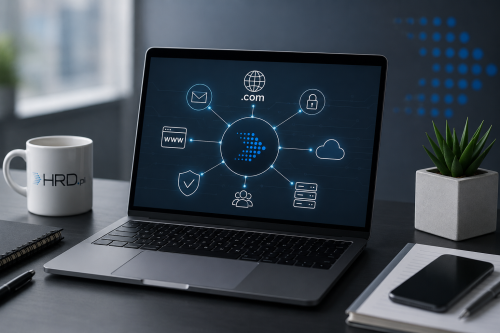 Laptop wyświetlający schemat zarządzania domenami internetowymi po przejęciu firmy z ikonami DNS, SSL, poczty i usług internetowych.