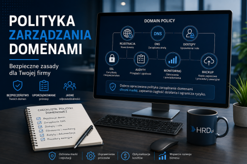 Monitor z panelem zarządzania domenami firmowymi przedstawiającym zasady rejestracji, DNS, dostępów, audytów i bezpieczeństwa domen.