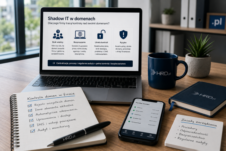Shadow IT w domenach – stanowisko pracy administratora z laptopem, notatnikiem i narzędziami do zarządzania domenami w firmie